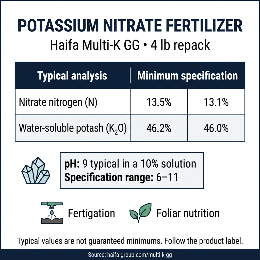 Haifa Multi-K GG potassium nitrate fertilizer, 4 lb repack: typical analysis of 13.5% nitrate nitrogen and 46.2% K₂O; minimum specifications of 13.1% and 46.0%.