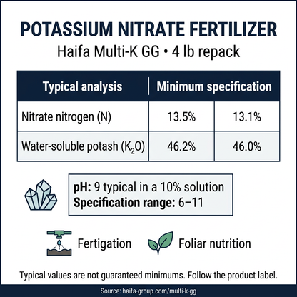 Haifa Multi-K GG potassium nitrate fertilizer, 4 lb repack: typical analysis of 13.5% nitrate nitrogen and 46.2% K₂O; minimum specifications of 13.1% and 46.0%.