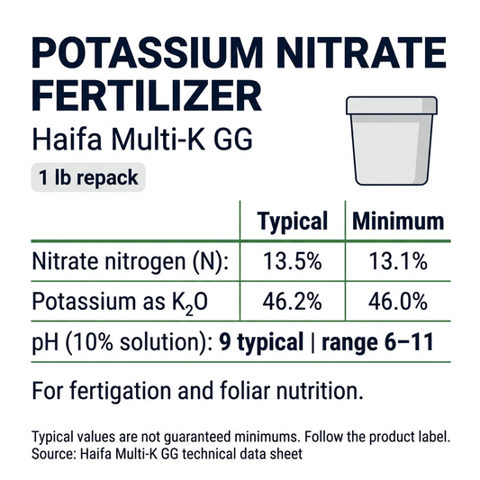 Haifa Multi-K GG potassium nitrate fertilizer, 1 lb repack. Typical analysis: 13.5% nitrate nitrogen and 46.2% K₂O; minimum specifications: 13.1% and 46.0%.