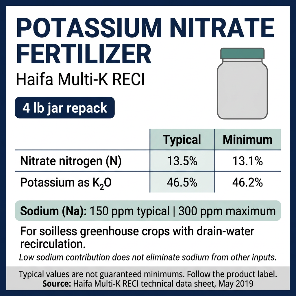 Haifa Multi-K RECI potassium nitrate fertilizer, 4 lb jar repack. Typical analysis: 13.5% nitrate nitrogen and 46.5% K₂O. Sodium: 150 ppm typical, 300 ppm maximum.