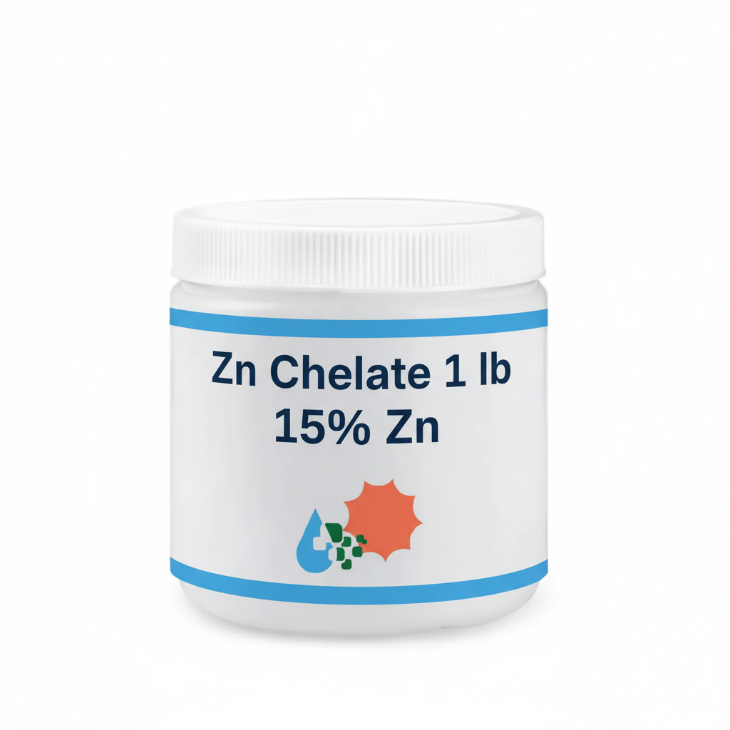 Zinc EDTA chelate 15% Zn 1 lb white resealable screw-top jar with Custom Hydro Nutrients logo