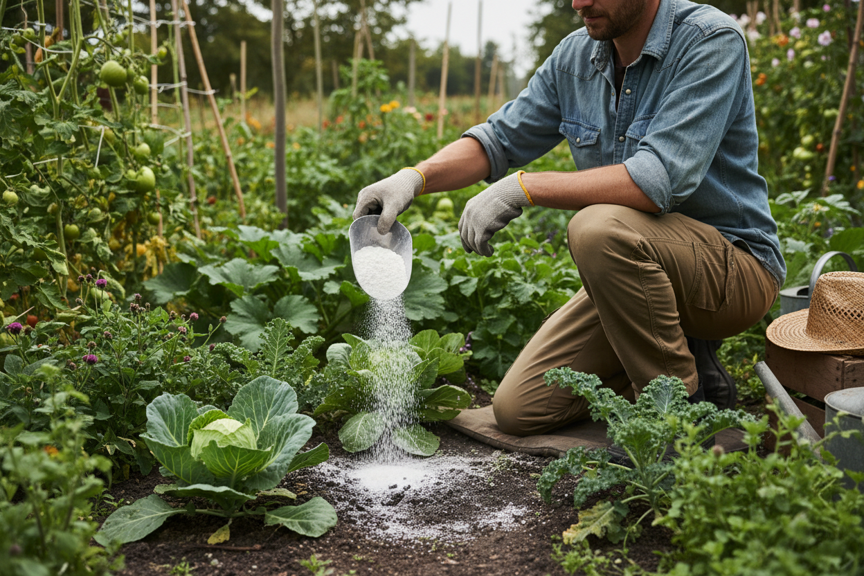 Gardener applying fine white powdered limestone to a vegetable garden bed, improving soil pH with calcium carbonate.