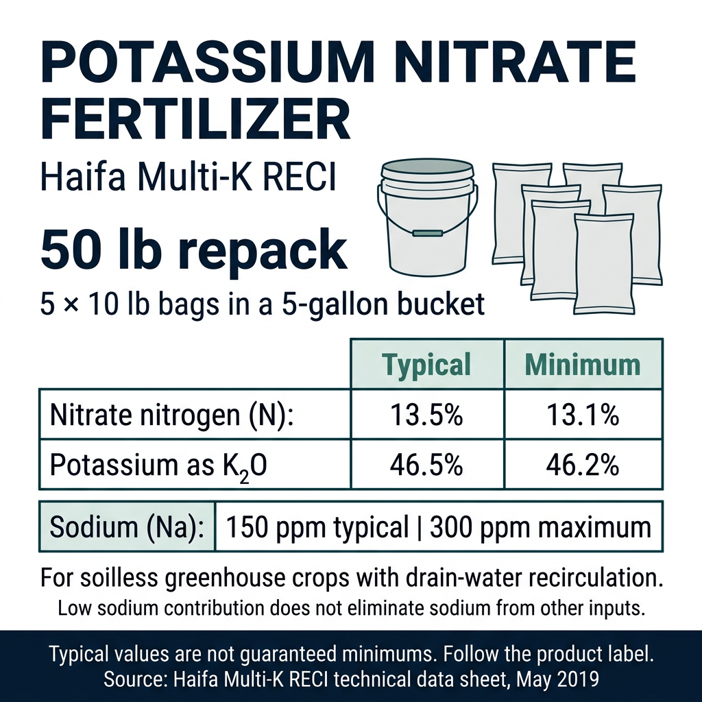 Haifa Multi-K RECI potassium nitrate fertilizer, 50 lb repack containing five 10 lb bags in a 5-gallon bucket. Typical analysis: 13.5% nitrate nitrogen and 46.5% K₂O. Sodium: 150 ppm typical, 300 ppm maximum.