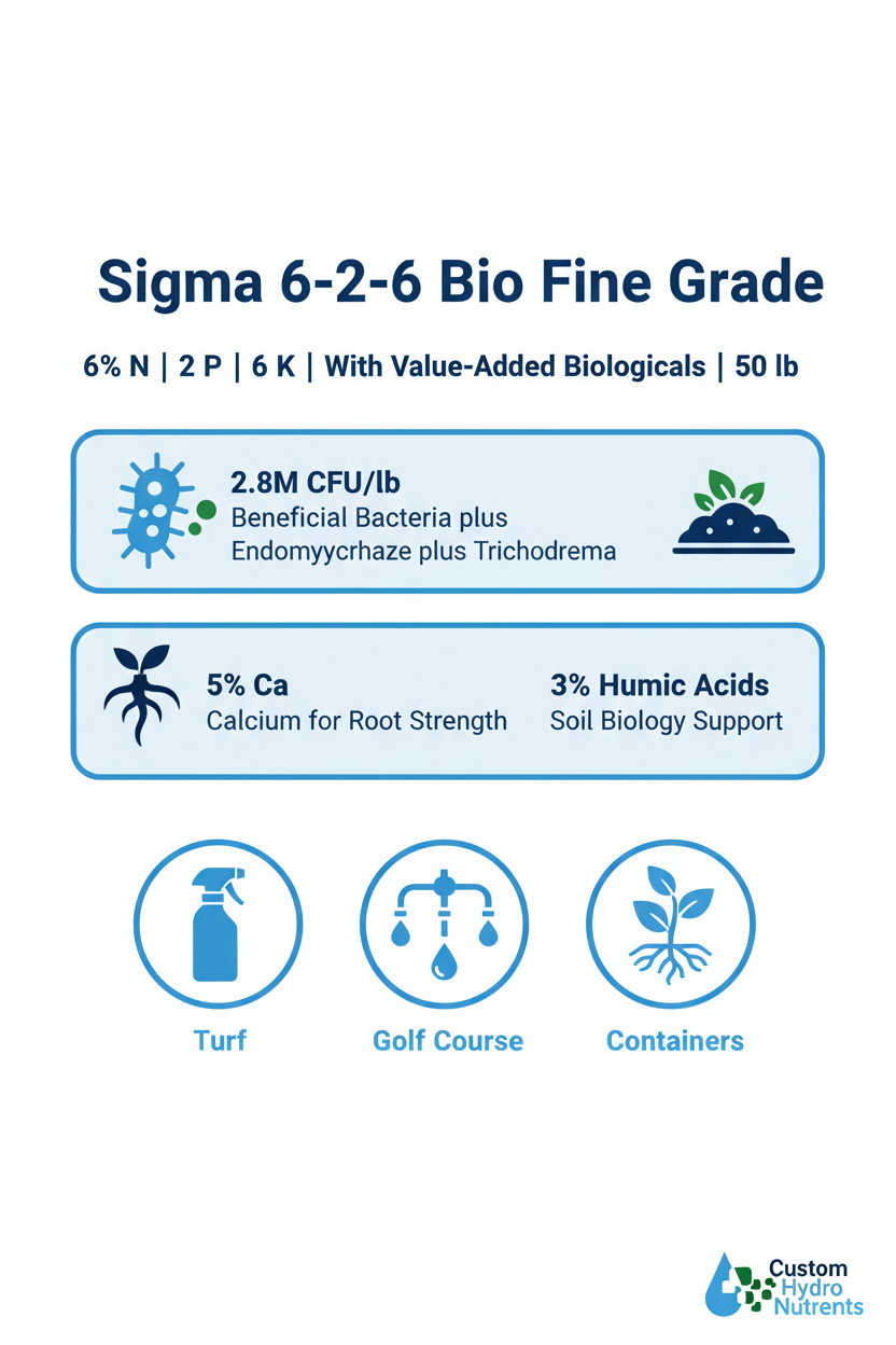 Sigma 6-2-6 Bio Fine Grade organic fertilizer infographic — 6-2-6 NPK, 2.8M CFU/lb biologicals, 5% calcium, 3% humic acids, for turf, golf course, and containers