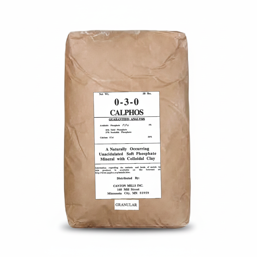 CalPhos soft rock phosphate granular 50 lb. brown kraft paper bag — 0-3-0 organic phosphorus and calcium by Canton Mills
