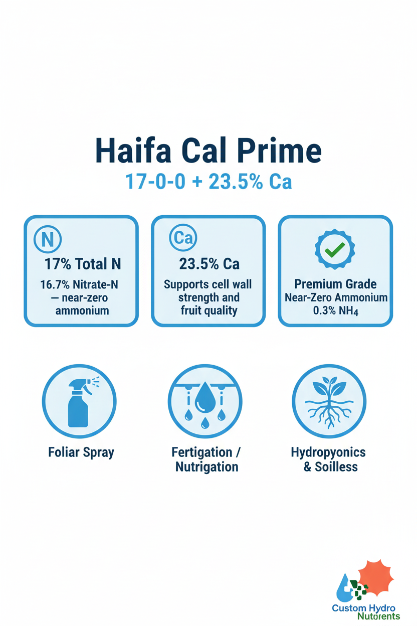 Haifa Cal Prime 17-0-0 infographic — 17% N, 23.5% Ca, near-zero ammonium, for foliar spray, fertigation, and hydroponics
