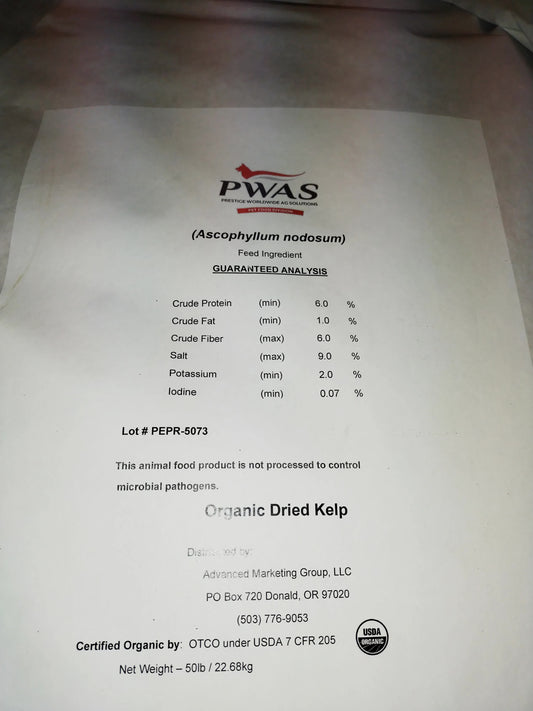 Organic Kelp Meal Label.