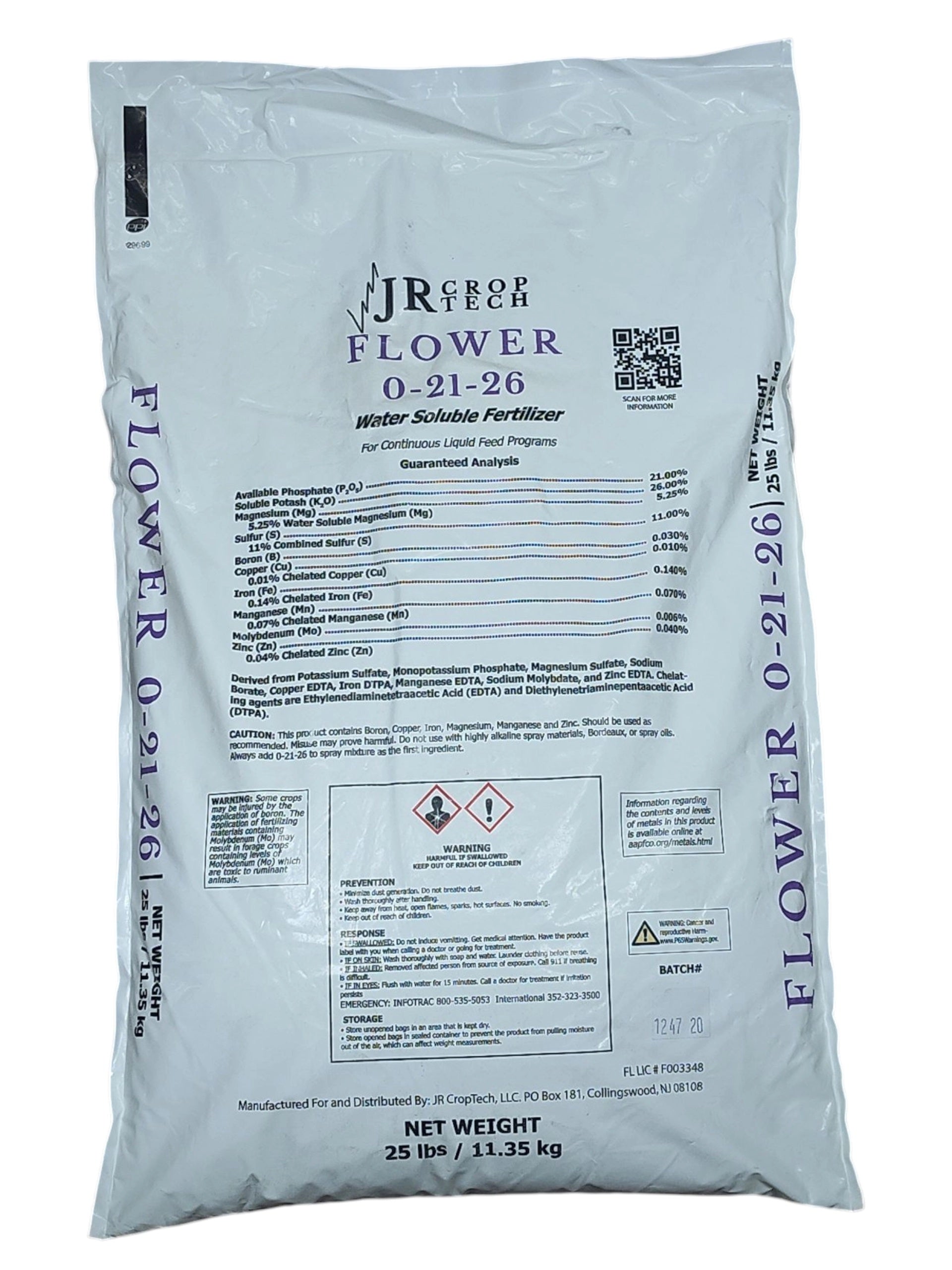 JR Croptech Flower Mix 0-21-26 Water Soluble Fertilizer - 25 Pound BAG