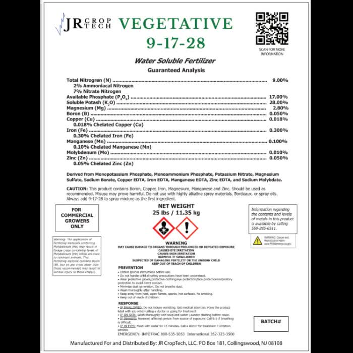 JR Croptech Vegetative Mix 9-17-28 Water Soluble Fertilizer - LABEL