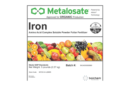 Metalosate iron organic label front view.