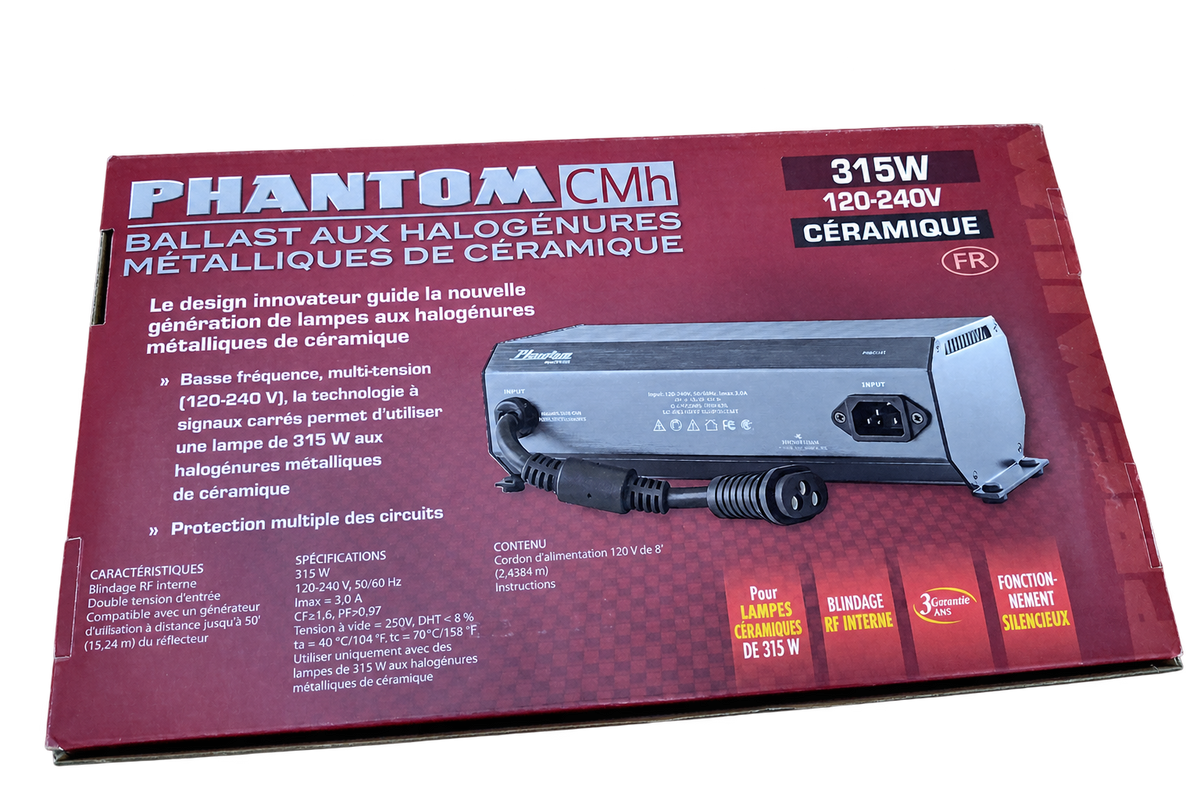 PHANTOM PHBC3151 315W CMH ballast box, French-language panel with features and specifications.