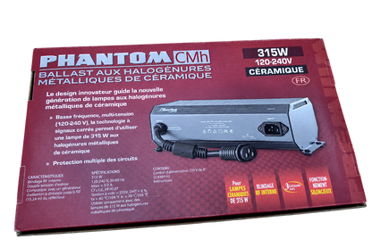 PHANTOM PHBC3151 315W CMH ballast box, French-language panel with features and specifications.