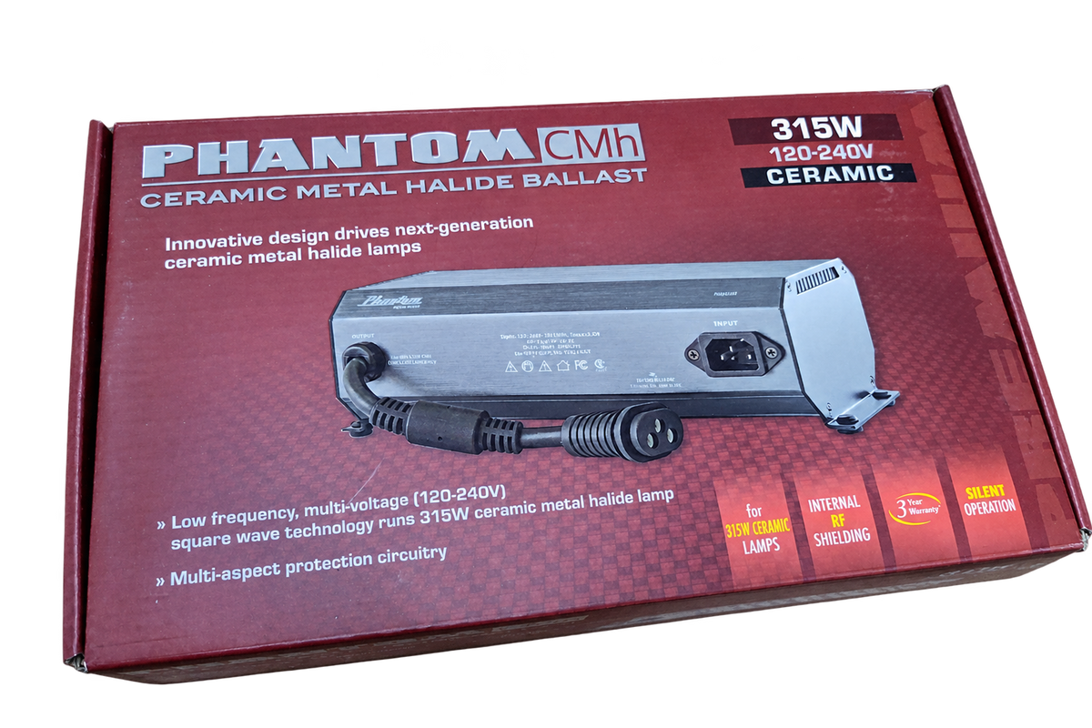PHANTOM PHBC3151 315W CMH ballast box, English front panel with product illustration and 120–240V rating.