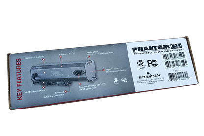 PHANTOM PHBC3151 ballast box side panel showing key features, Hydrofarm label and UPC barcode.