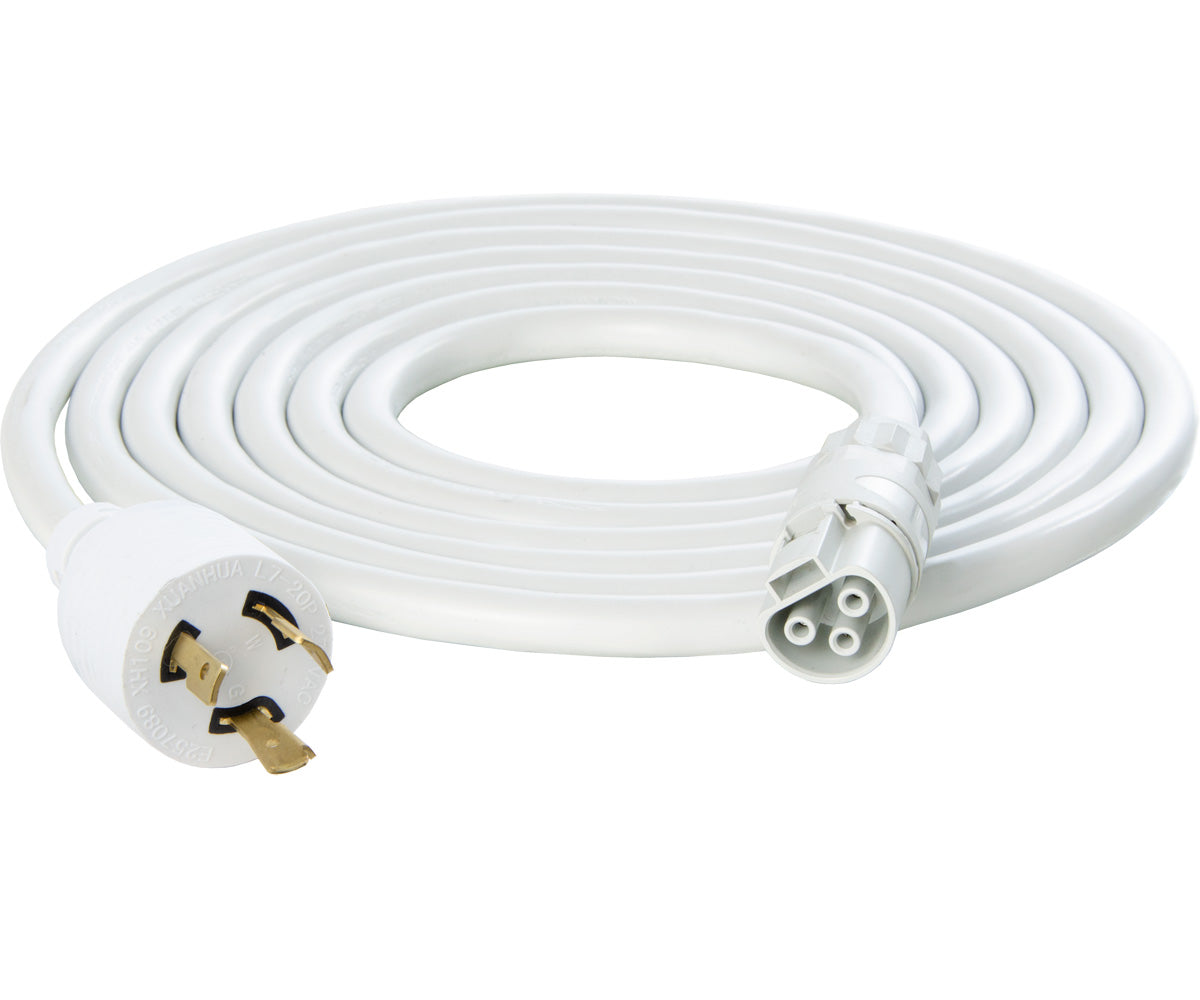 Coiled white PHOTOBIO power harness with L7-20P plug and fixture connector
