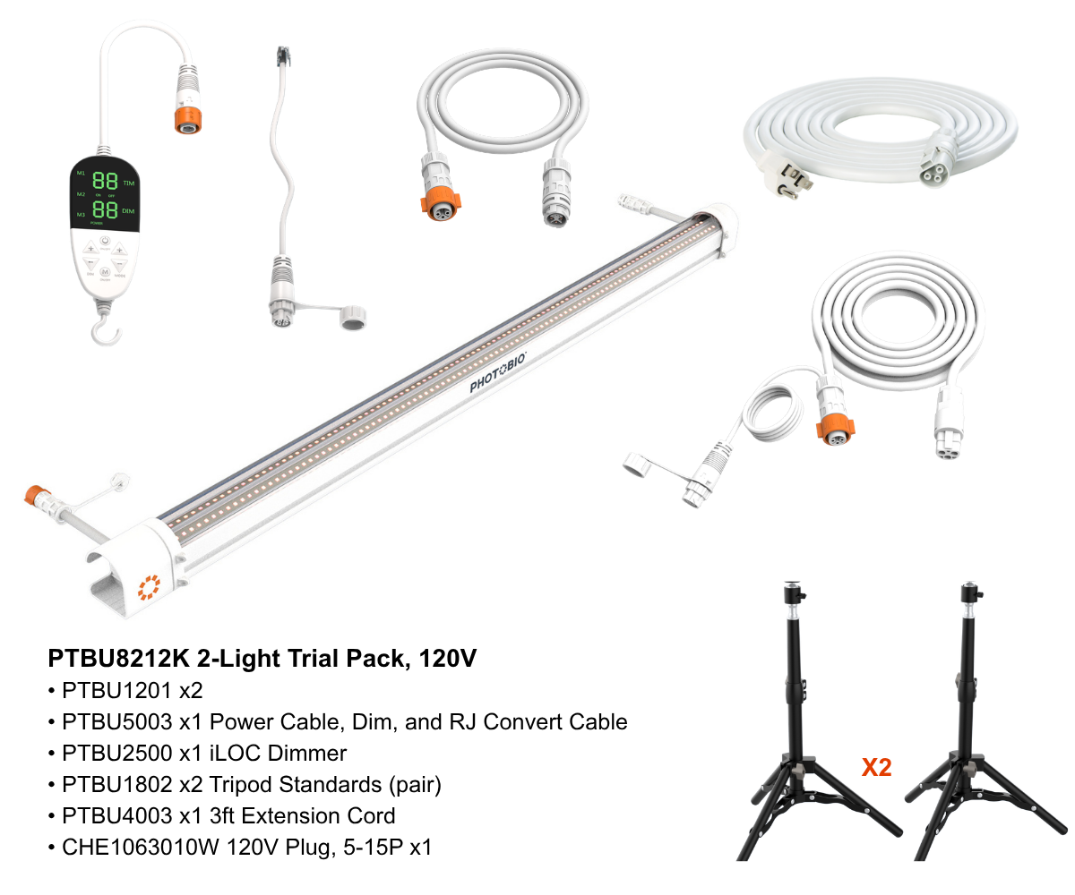 PHOTOBIO IU 2-light 120V trial kit with light bar, dimmer, cables and tripod stands