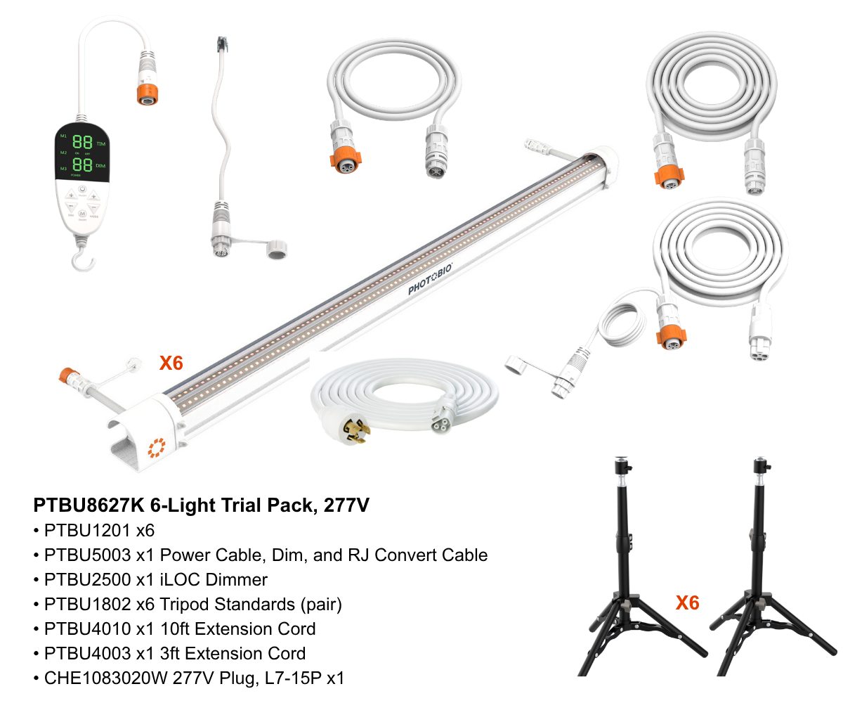 PHOTOBIO IU 6-light 277V trial kit with light bar, dimmer, cables and tripod stands