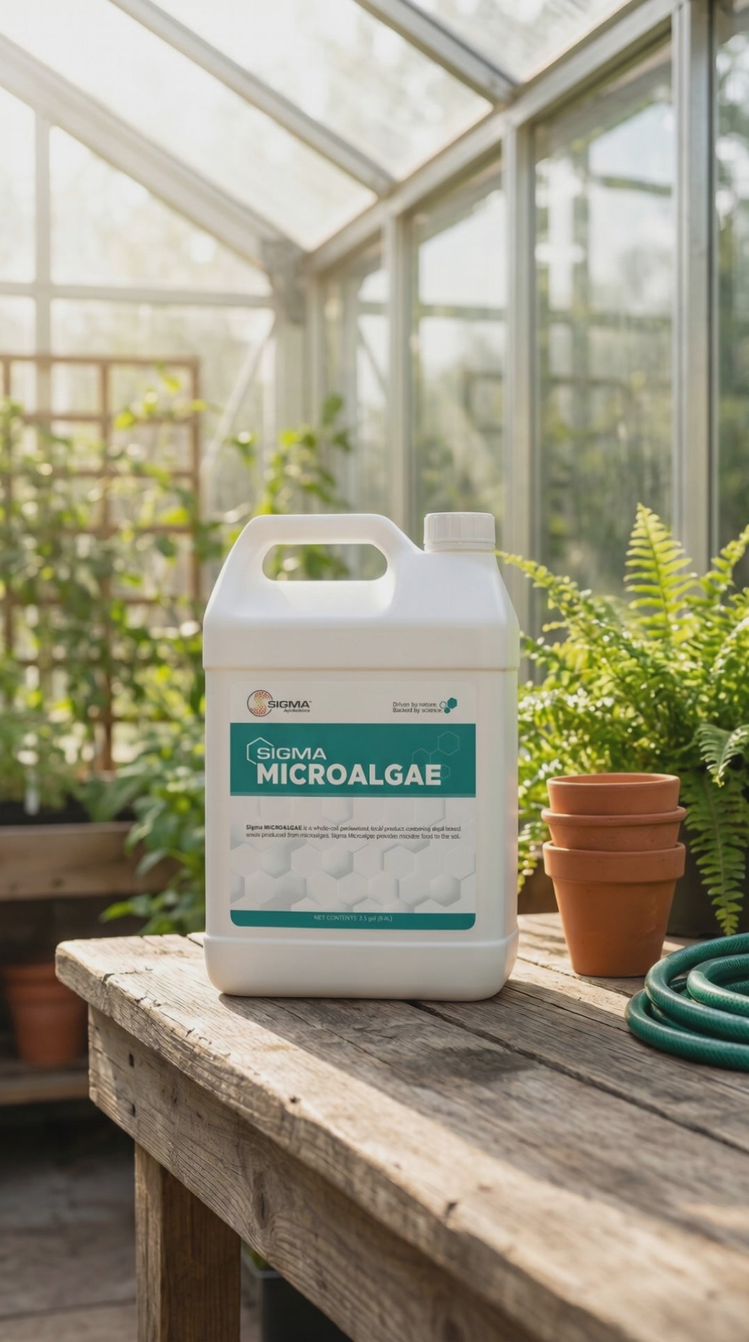 Sigma Microalgae 2.5 gallon jug product reveal video — container peels away to show whole-cell microalgae inside
