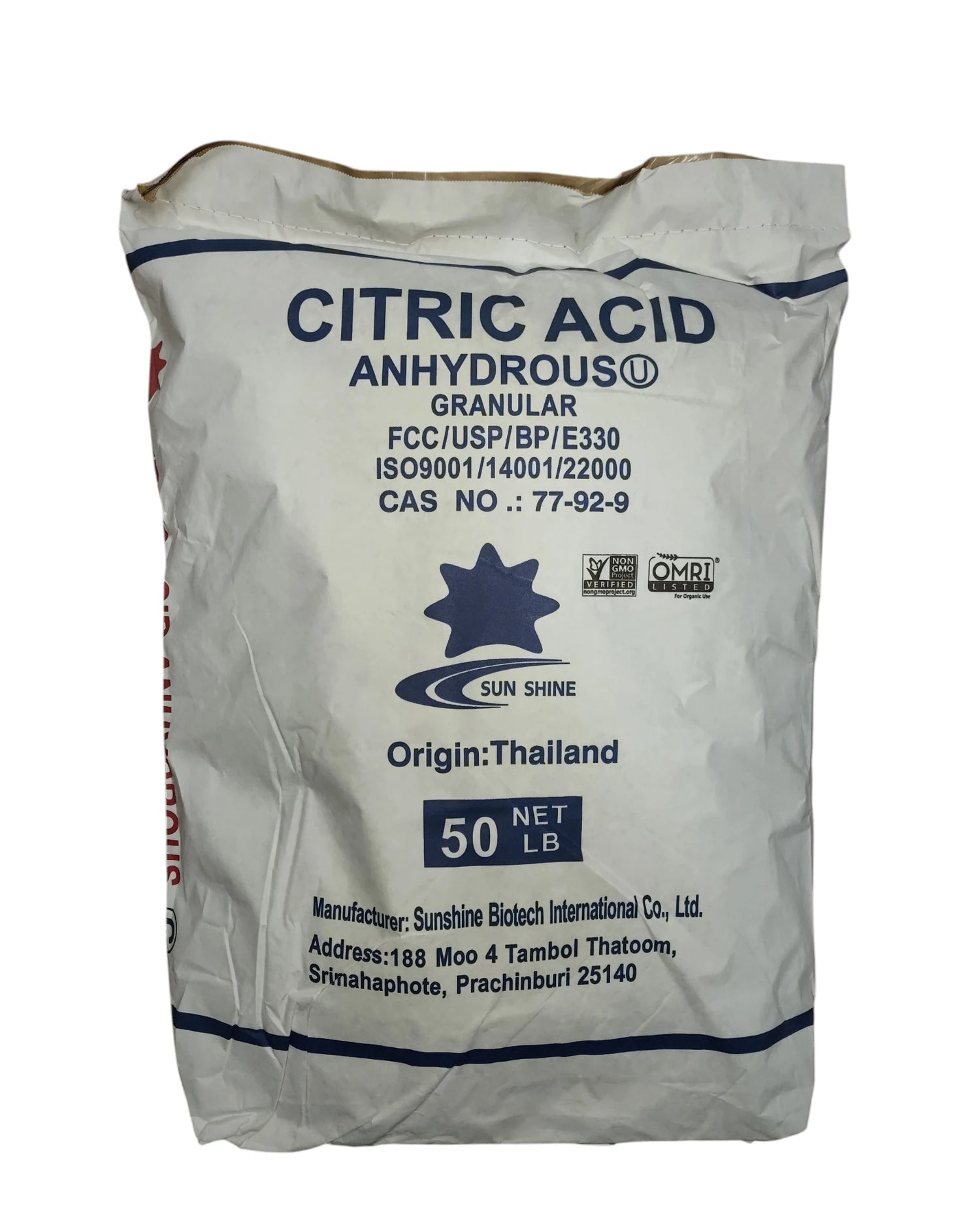 Citric acid anhydrous 50 lb bag front view — OMRI listed and Non-GMO Project verified certification badges, food-grade label
