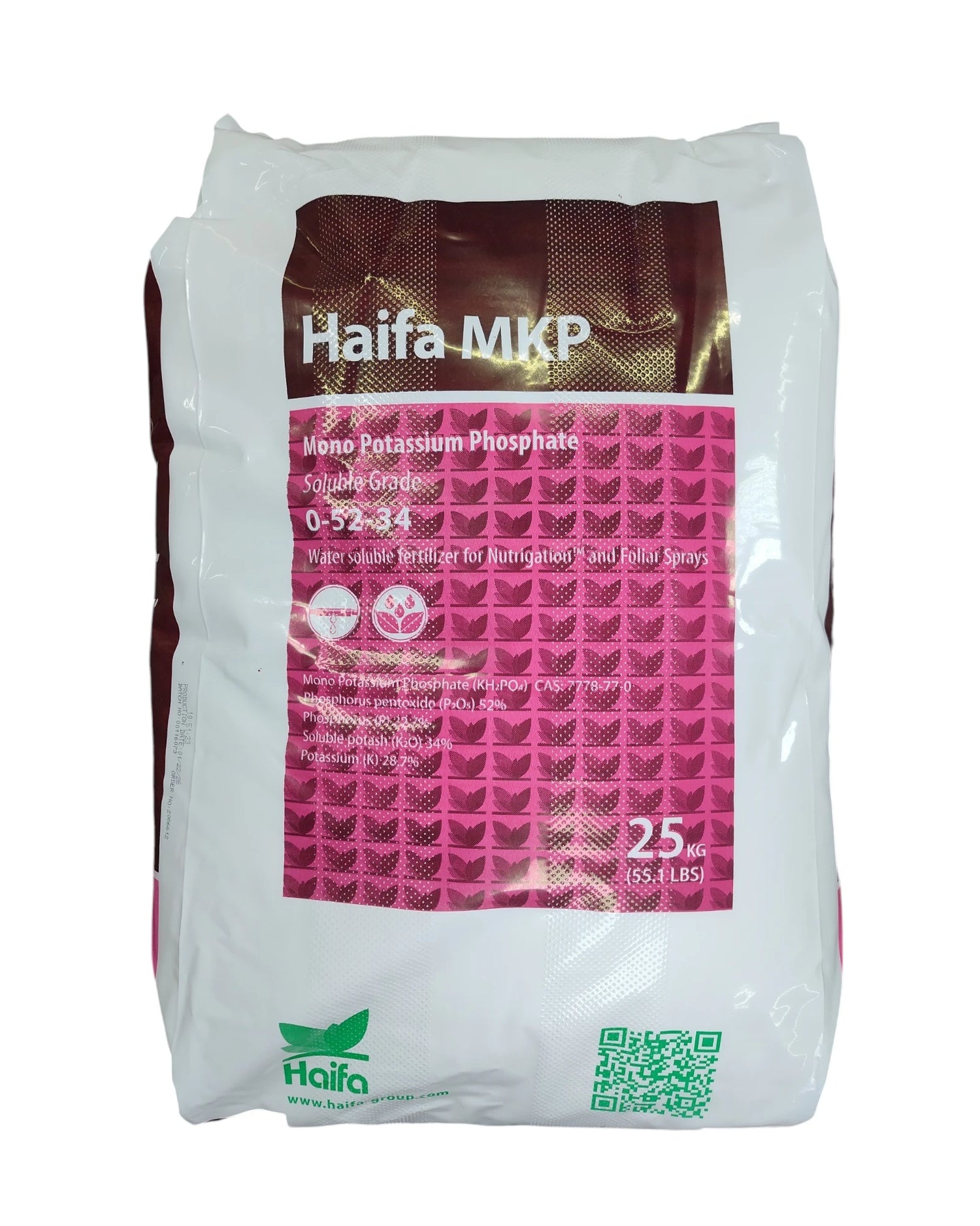 Haifa MKP 0-52-34 monopotassium phosphate fertilizer 55 lb bag — pink label with QR code on white background