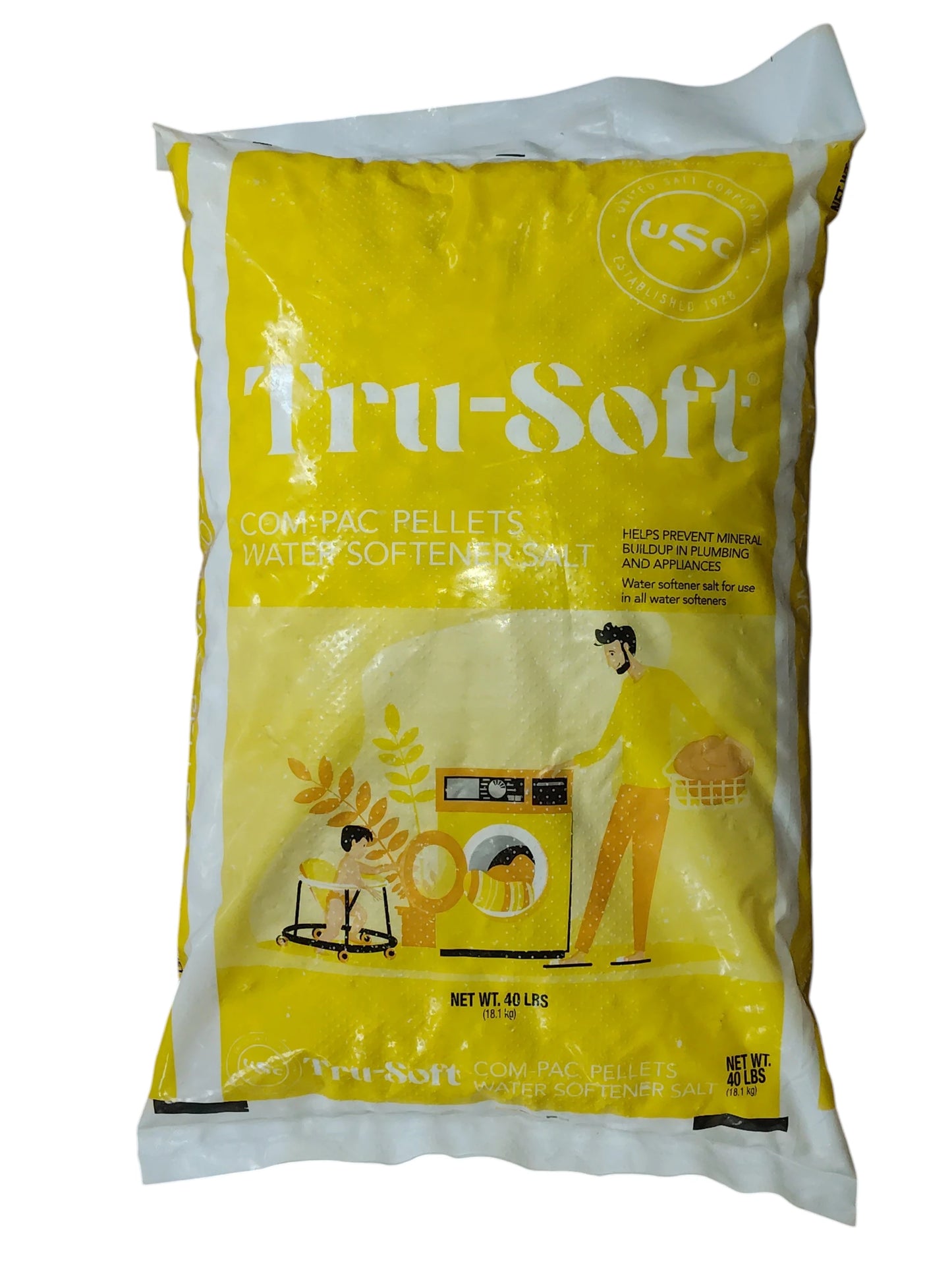 Yellow 40 lb, bag of Tru-Soft Com Pac solar water softener salt on a white background