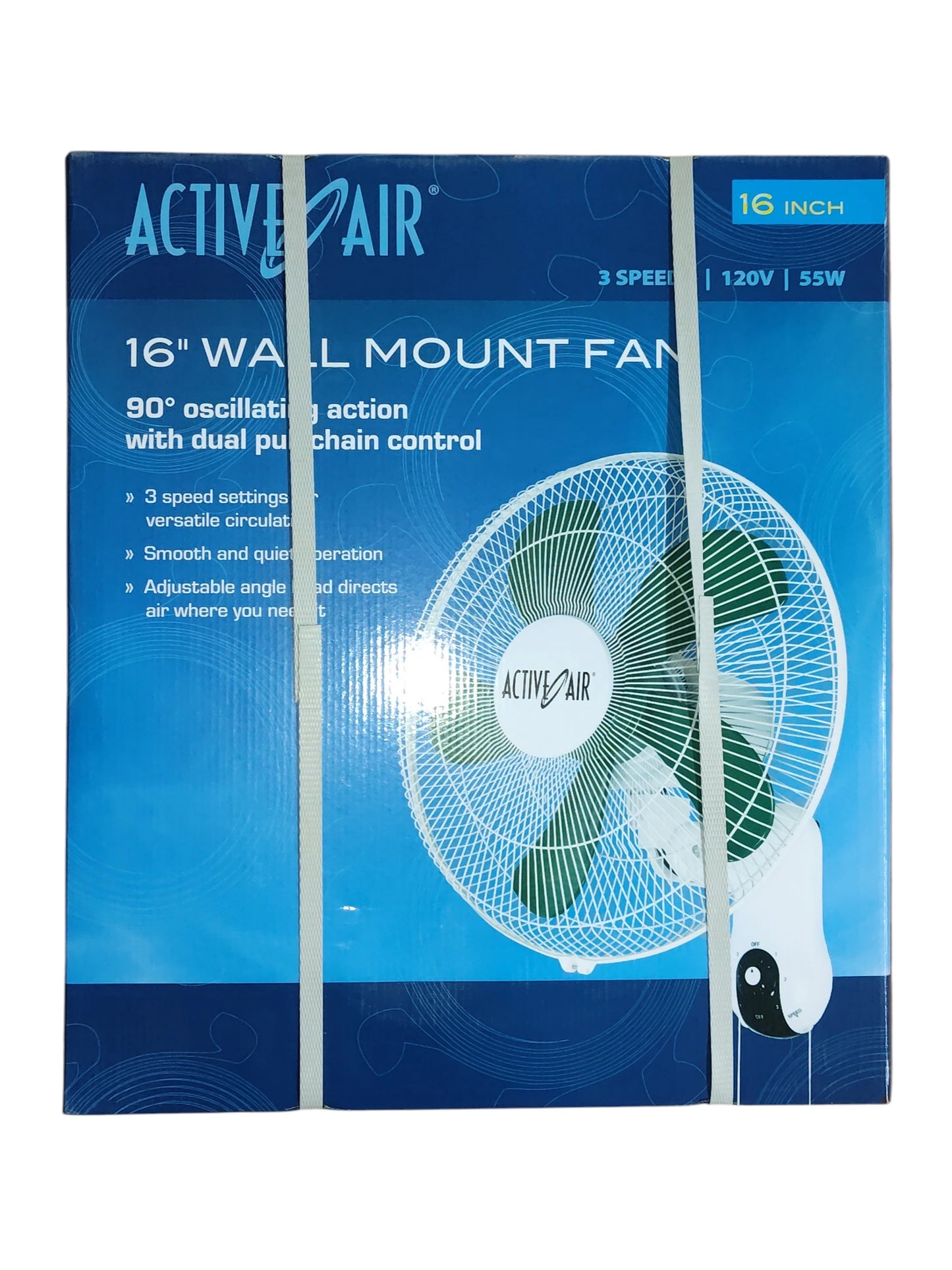 Box of Active Air 16-inch wall mount fan on a white background