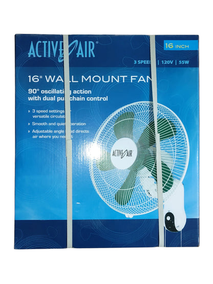 Box of Active Air 16-inch wall mount fan on a white background