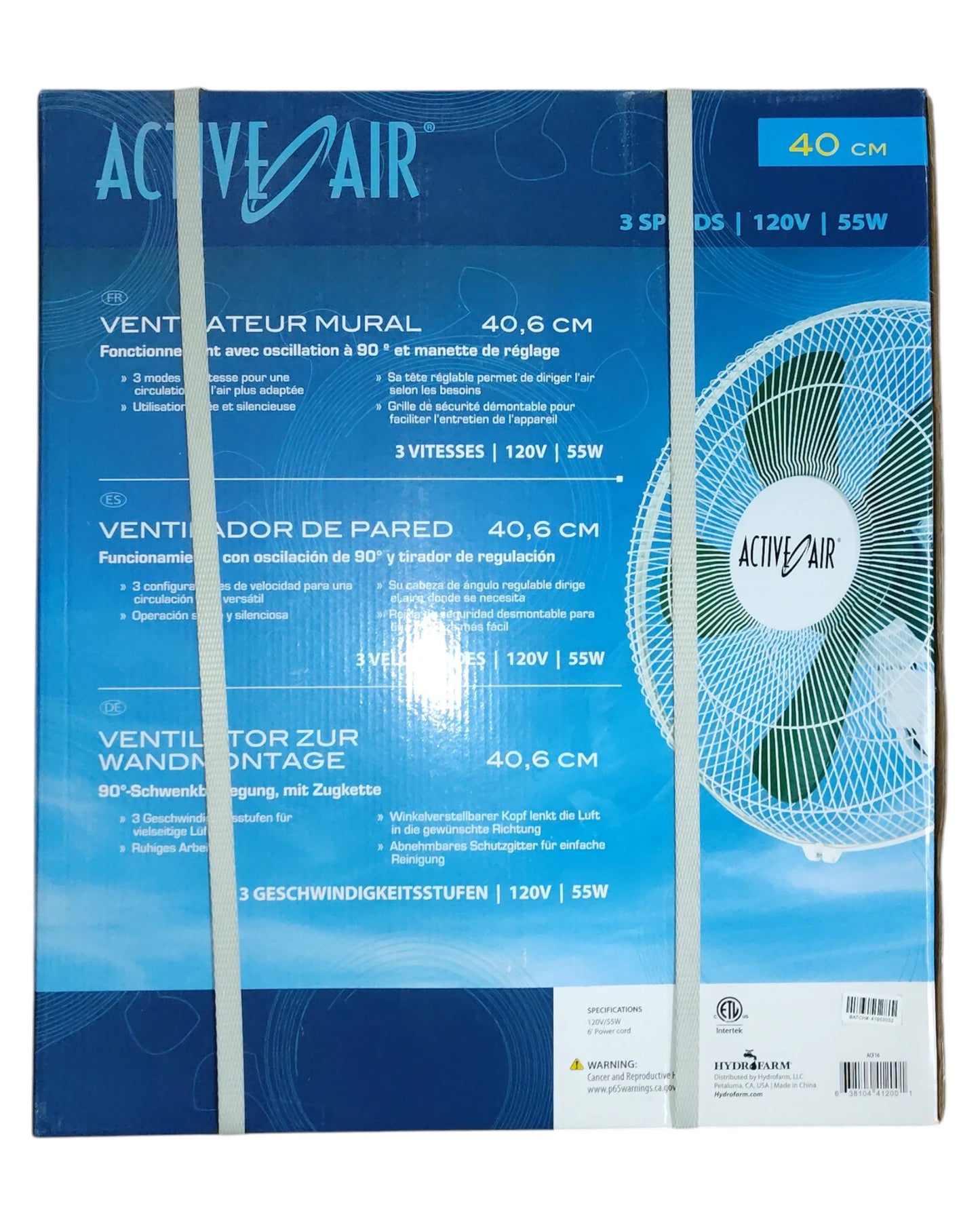 Active Air 16-inch wall mount fan detail view showing ETL safety listing and specifications