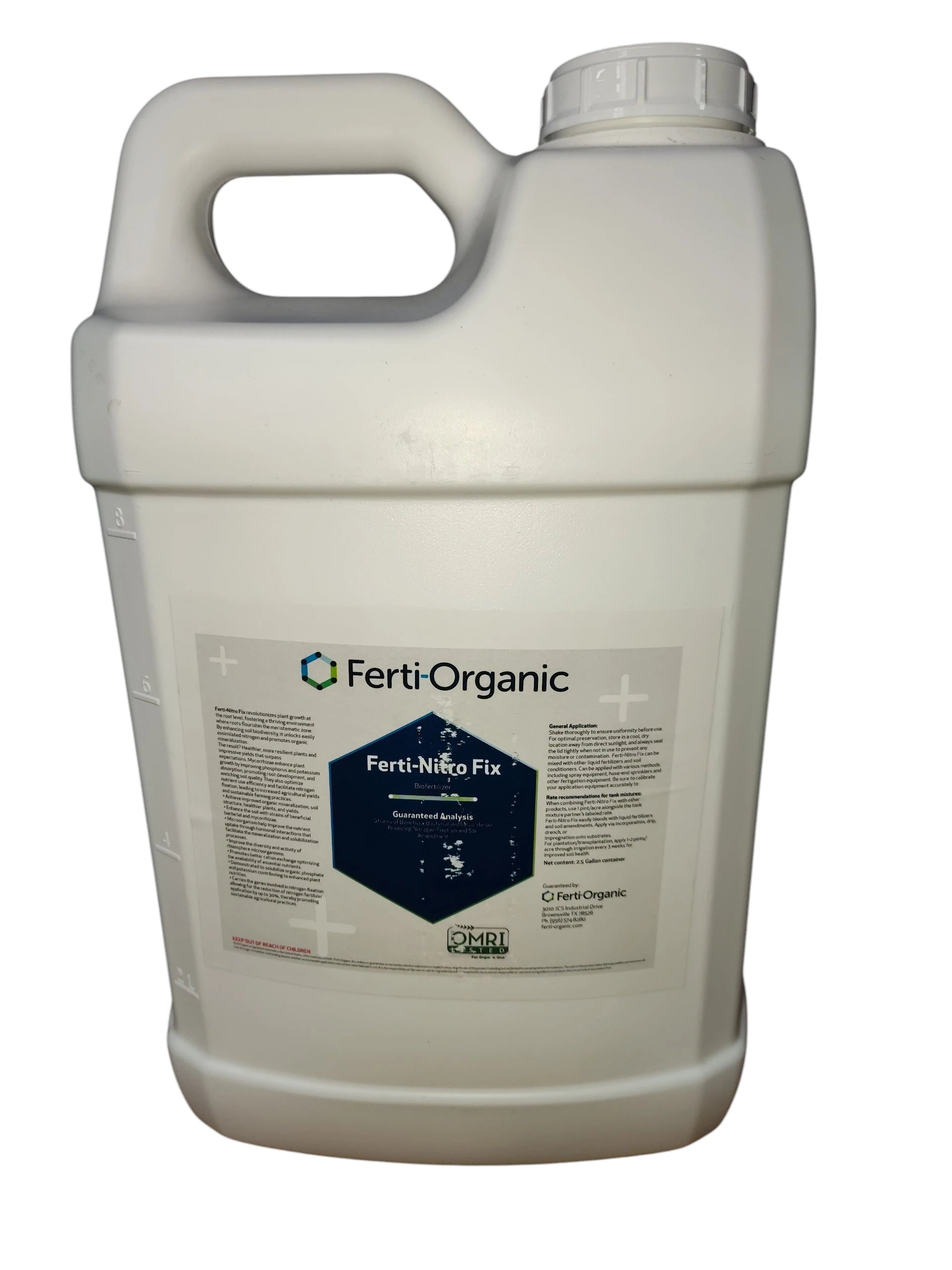White 2.5 gallon container of Ferti-Organic Ferti-Nitro Fix  label on a white background jug