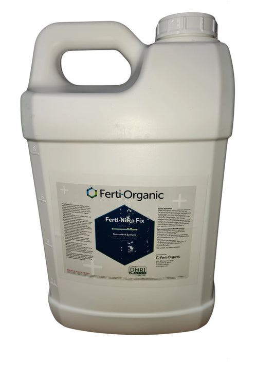 White 2.5 gallon container of Ferti-Organic Ferti-Nitro Fix  label on a white background jug