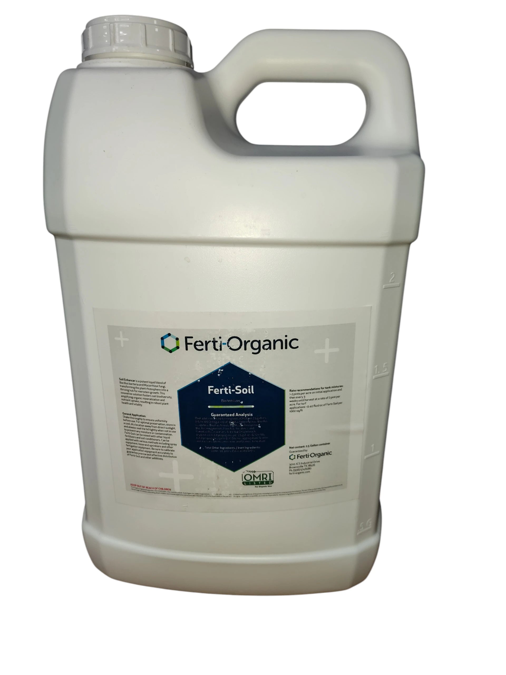 White 2.5 gallon container of Ferti-Organic's Ferti-Soil label on a white background