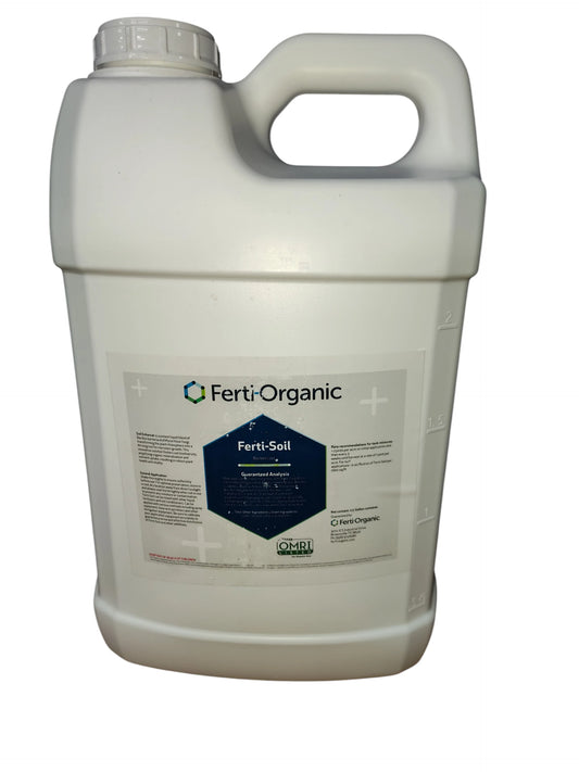 White 2.5 gallon container of Ferti-Organic's Ferti-Soil label on a white background