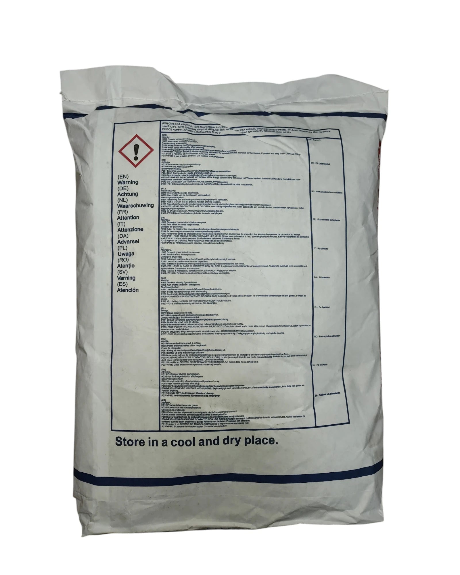 Citric acid anhydrous 50 lb bag back view — OMRI listed and Non-GMO Project verified, NOP compliant for organic production
