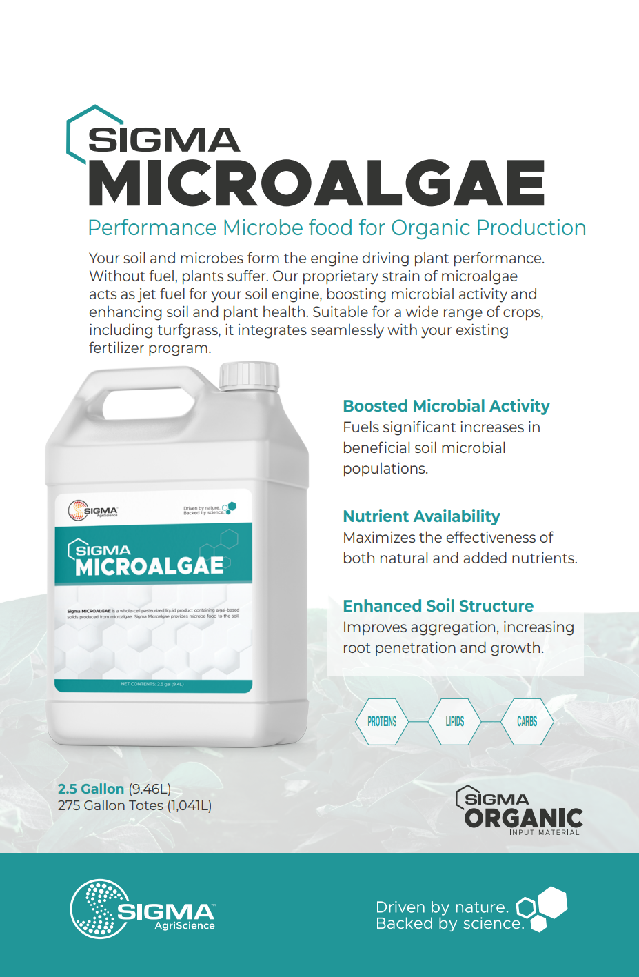 Sigma Microalgae product flier page 1 — application rates, biological benefits, and usage instructions for microalgae soil amendment