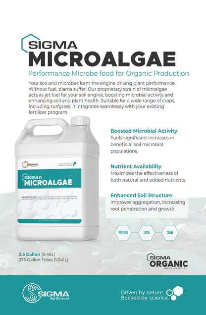 Sigma Microalgae product flier page 1 — application rates, biological benefits, and usage instructions for microalgae soil amendment