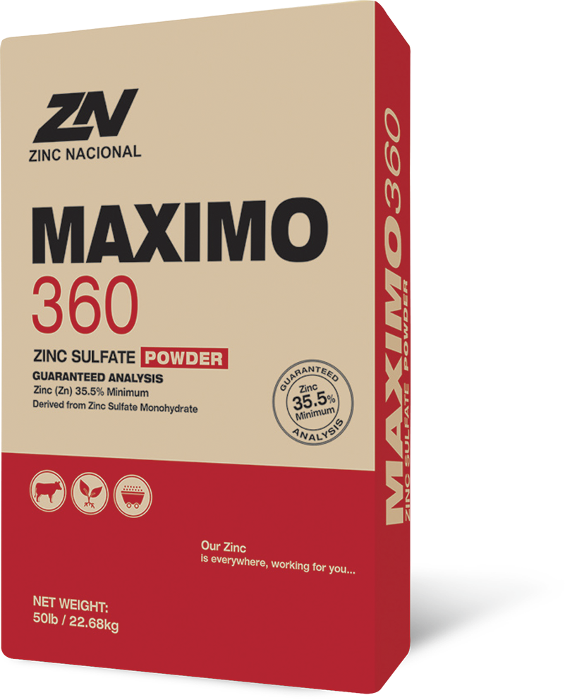 Zinc Nacional Maximo 360 zinc sulfate powder packaging on a white background