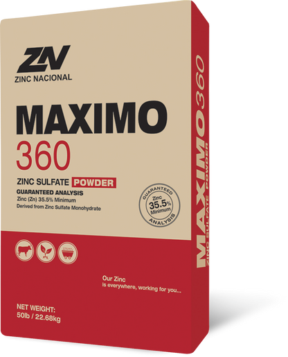 Zinc Nacional Maximo 360 zinc sulfate powder packaging on a white background